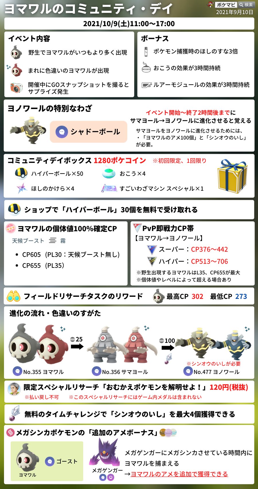 ポケモンgo攻略情報 ポケマピ ヨマワル のコミュニティ デイ 21 10 9 土 11時 17時 ヨノワール の特別な技 シャドーボール ポケモン捕獲時の砂3倍 シンオウのいしを入手できるタイムチャレンジ スペシャルリサーチ など Youtube