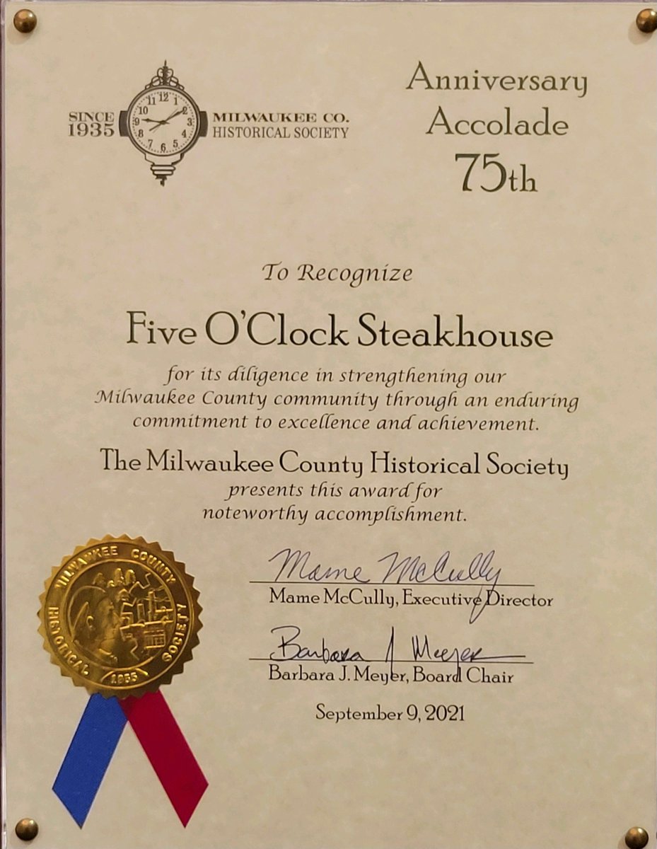 FiveOClockSteakhouse (@fiveoclocksteak) on Twitter photo We are honored and humbled to receive recognition of our 75th anniversary from <a href="/MKEhistory/">MkeCoHistoricalSoc</a>. Thank you for a wonderful evening at <a href="/PfisterHotel/">The Pfister Hotel</a>! <a href="/visitmilwaukee/">Visit Milwaukee</a> <a href="/NearWestSideMKE/">Near West Side</a> <a href="/cityofmilwaukee/">City of Milwaukee</a> @MayorOfMKE <a href="/TravelWI/">Travel Wisconsin</a> #familyowned #milwaukeeclassic #MilwaukeeProud #steakhouse We are honored and humbled to receive recognition of our 75th anniversary from <a href="/MKEhistory/">MkeCoHistoricalSoc</a>. Thank you for a wonderful evening at <a href="/PfisterHotel/">The Pfister Hotel</a>! <a href="/visitmilwaukee/">Visit Milwaukee</a> <a href="/NearWestSideMKE/">Near West Side</a> <a href="/cityofmilwaukee/">City of Milwaukee</a> @MayorOfMKE <a href="/TravelWI/">Travel Wisconsin</a> #familyowned #milwaukeeclassic #MilwaukeeProud #steakhouse