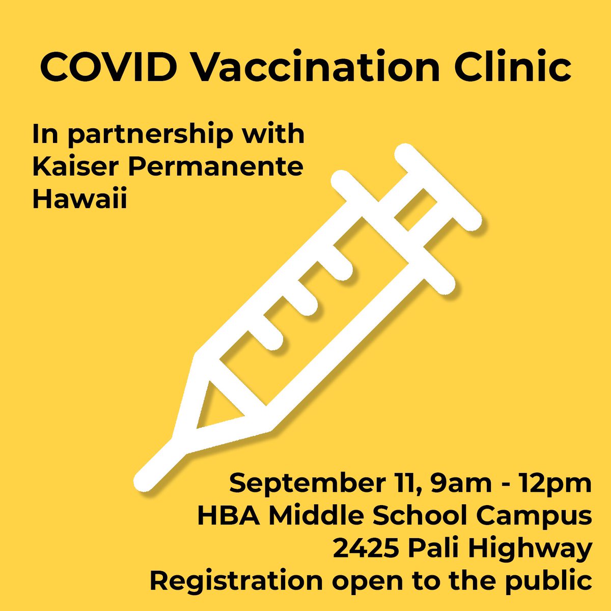 HBA Eagles (@hbaeagles) on Twitter photo We are pleased to partner with <a href="/KPHawaii/">Kaiser Permanente HI</a> to host a COVID vaccination clinic this Saturday that is free and open to the public. For more information and to register please visit: hba.net/about/campus-r… We are pleased to partner with <a href="/KPHawaii/">Kaiser Permanente HI</a> to host a COVID vaccination clinic this Saturday that is free and open to the public. For more information and to register please visit: hba.net/about/campus-r…
