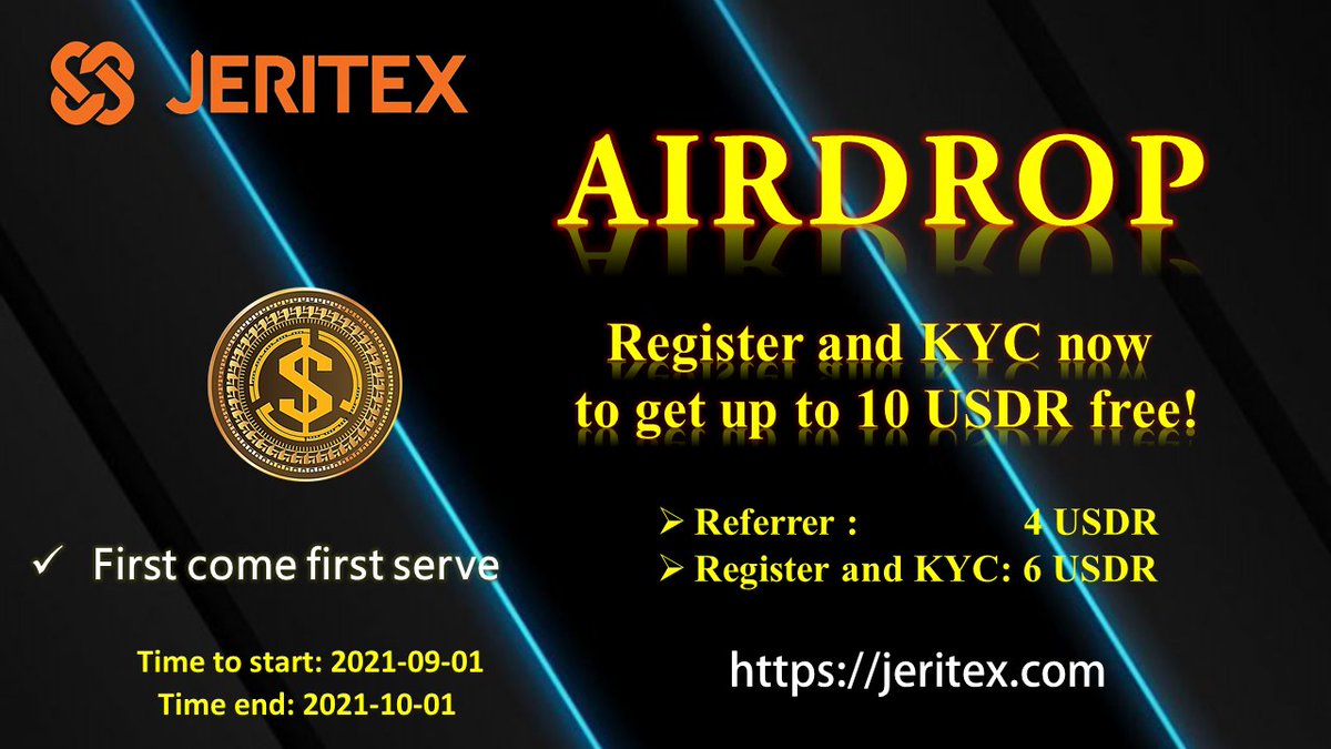 Get AIRDROP on JERITEX up to 10 #USDR:
*Referrer: 4 USDR
*Register and KYC:  6 USDR
Link: jeritex.com/en/register/?r…
1. Register
2. Join and like links:
t.me/jeritexgroup
t.me/jeritex
x.com/jeritex
**facebook.com/Jeritex/
**youtube.com/channel/UCkNtM…
3. KYC