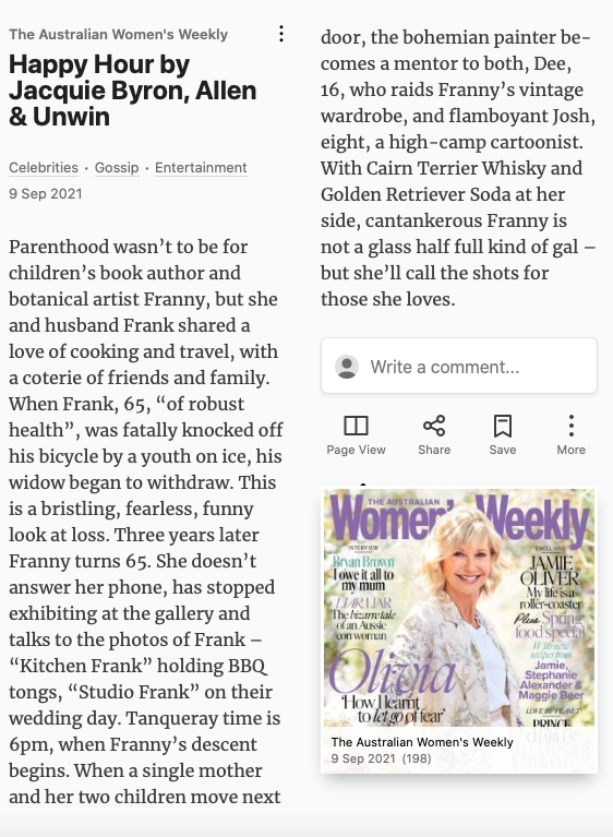 So one of my Oprah 'vision board' moments with my debut novel Happy Hour was to see it in the The Australian Women's Weekly. Well, fast forward to the September issue, in stores now, & what do I find? Me & our Livvy in the same issue. Boom! @OprahsBooks  #AustralianWomensWeekly
