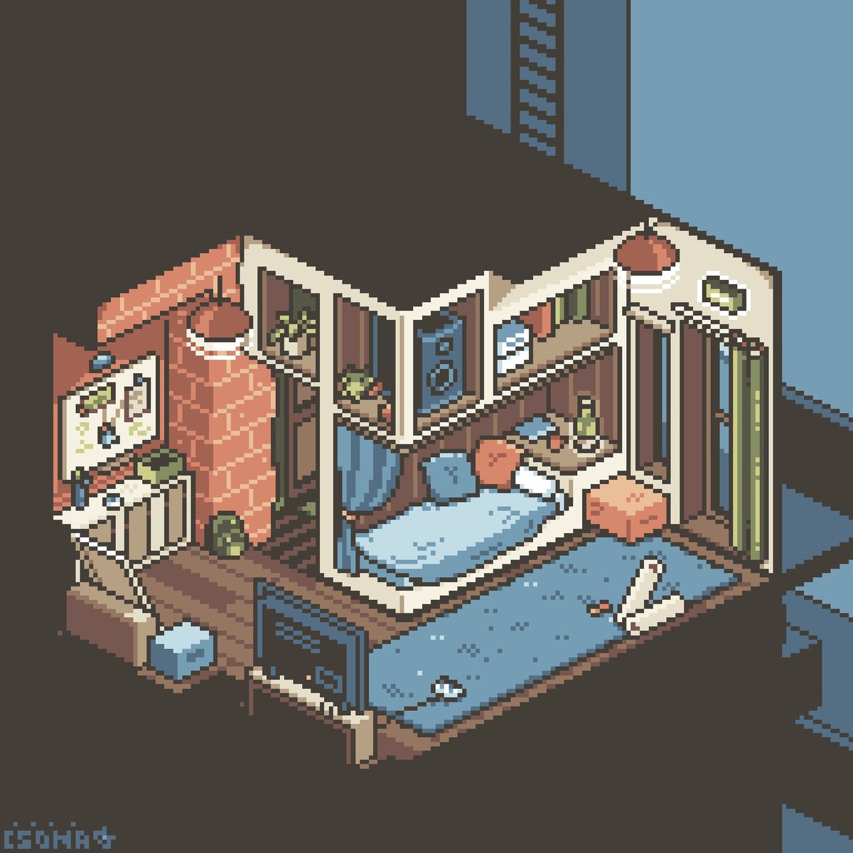 One of TEE-4's cozy hideout a few minutes before the Special Force of Silence raid. I wonder what they'll find there. . .

#pixelart #pixelartist #isometric #diorama #dotpict