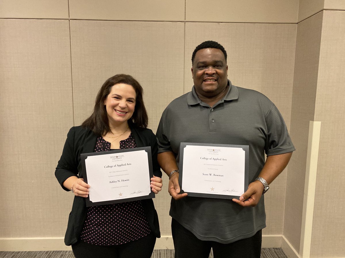 Congratulations to our #TXST #SCJC faculty <a href="/AshleyHewittPhD/">Ashley N. Hewitt</a> for her 2021 College Achievement Award for Scholarly Activity, and <a href="/DrScottBowman/">Dr. Scott Bowman</a> for his 2021 Presidential Distinction Award for Excellence in Service! Y'all rock!