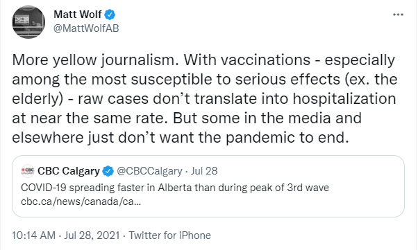 CBCFletch's tweet photo. June &amp; July: Experts warning of a 4th wave in Alberta and the journalists who report on their warnings are repeatedly attacked by top government officials, accused of fear mongering and not wanting the pandemic to end.

Today: "Kindness matters." https://t.co/pNeWsCKIAp