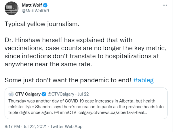 CBCFletch's tweet photo. June &amp; July: Experts warning of a 4th wave in Alberta and the journalists who report on their warnings are repeatedly attacked by top government officials, accused of fear mongering and not wanting the pandemic to end.

Today: "Kindness matters." https://t.co/pNeWsCKIAp