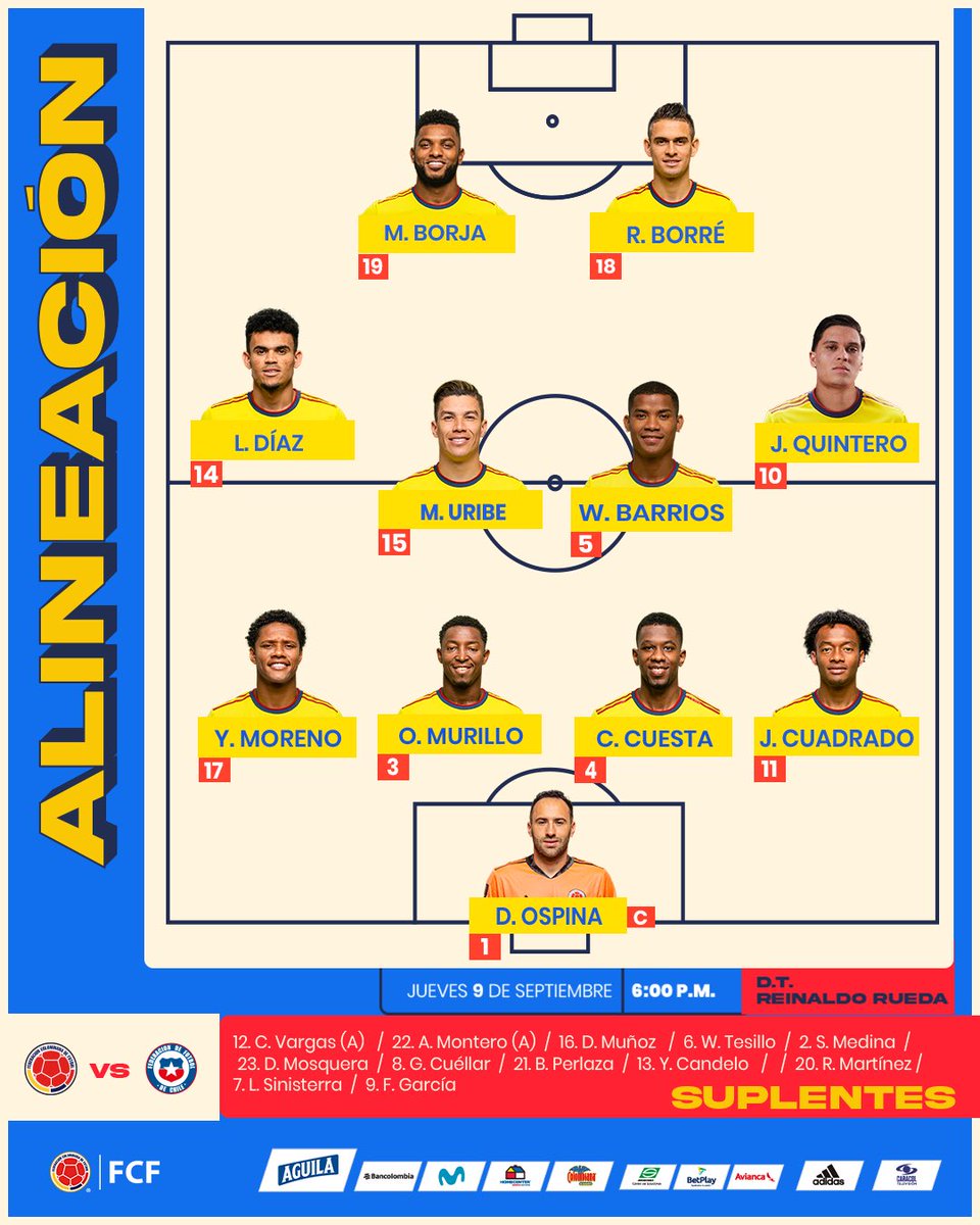 🚨 ¡TITULAR!

Este es nuestro 11 inicial para enfrentar a @LaRoja por las Clasificatorias a la Copa Mundial de la FIFA Catar 2022

#VamosColombia 🇨🇴