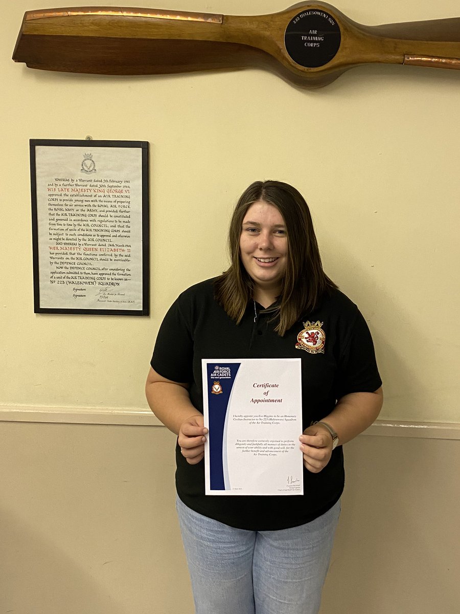 Tonight CI Eve Higgins received he official certificate of appointment as a civilian instructor following a long career as a cadet on the Sqn she is now our training officer and a great asset to the Sqn <a href="/ComdtAC/">Commandant RAF Air Cadets</a> <a href="/RCWalesandWest1/">RC Wales and West</a> @OCWMercianWing
