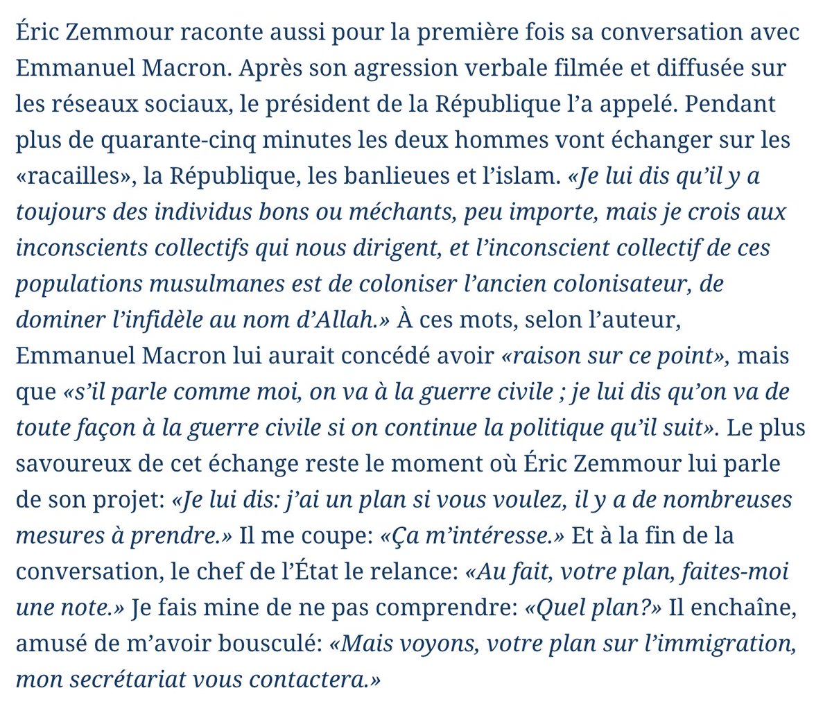ellensalvi's tweet photo. Dans son livre, Éric Zemmour raconte comment Emmanuel Macron en est venu à lui demander une note sur l’immigration. Sur ce, bonne nuit. Si c’est encore possible. https://t.co/sXSwzlw4ez https://t.co/LAa5BwOpZ6