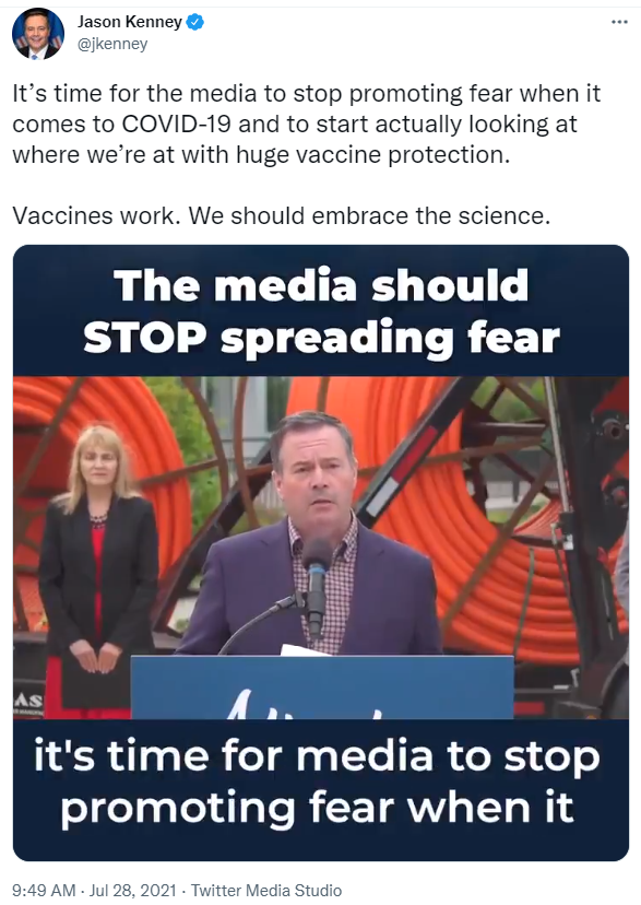 CBCFletch's tweet photo. June &amp; July: Experts warning of a 4th wave in Alberta and the journalists who report on their warnings are repeatedly attacked by top government officials, accused of fear mongering and not wanting the pandemic to end.

Today: "Kindness matters." https://t.co/pNeWsCKIAp