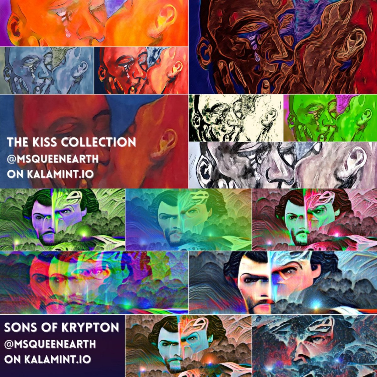 MsQueenEarth's tweet photo. Take a look our art collection. This #nft life is a helluva ride ๐
We have music and paintings made in quarantine and a few new #nftdrops on @kalamint_io #nftcollection #tezosnfts #nftartists
#thekiss #sonsofkrypton #thenurseandthequeen https://t.co/9i6aA1JXmv https://t.co/oZtRybRGeC