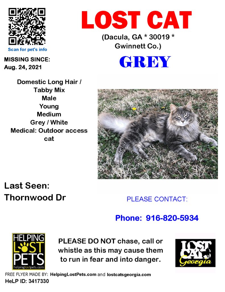LostCatsGA's tweet photo. **FACEBOOK LINK https://t.co/ikQ0IPp12Z
* Lost Cat - Dacula, GA - Aug.24, 2021
Closest Intersection: Thornwood Dr
County: Gwinnett

#LOSTCAT #Grey #Dacula (Thornwood Dr, Gwinnett County, GA, US, 30019.) #GA 30019 #Gwinnett Co. , #Lost #Cat 08-24-2021!, Male #Domestic Long Hair … https://t.co/97nzrOKizo