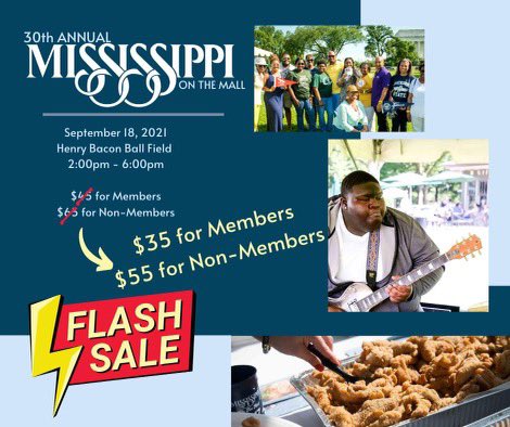 ⏰ 6 hours left ⏰

Make sure your buy your Mississippi on the Mall tickets before our flash sale ends tonight. Until midnight tonight - tickets are $35 for Members and $55 for Non-Members. 

Don't miss out on this sale. Buy your tickets today!

themississippisociety.ticketleap.com/mississippi-on…
