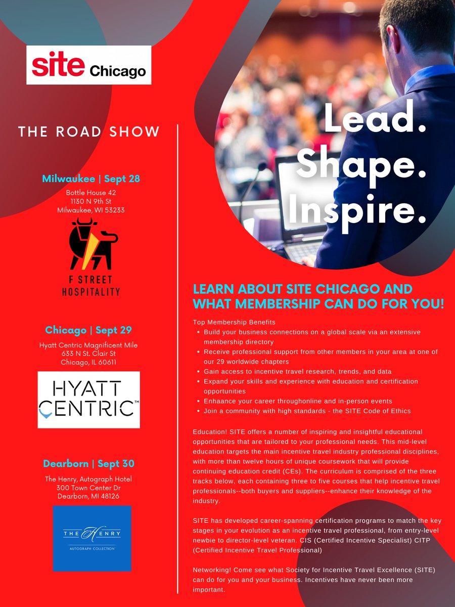 SITEChicago's tweet photo. Calling All Buyers! Please join us on our First Annual Roadshow!
We are so excited to be in Milwaukee on September 28th, Chicago on the 29th, and in Dearborn, Michigan on September 30th!
Register today at: https://t.co/WGo0nTzWxP
#SITEunite #SITEstrong #SITEprofs https://t.co/TynnEPBqqu