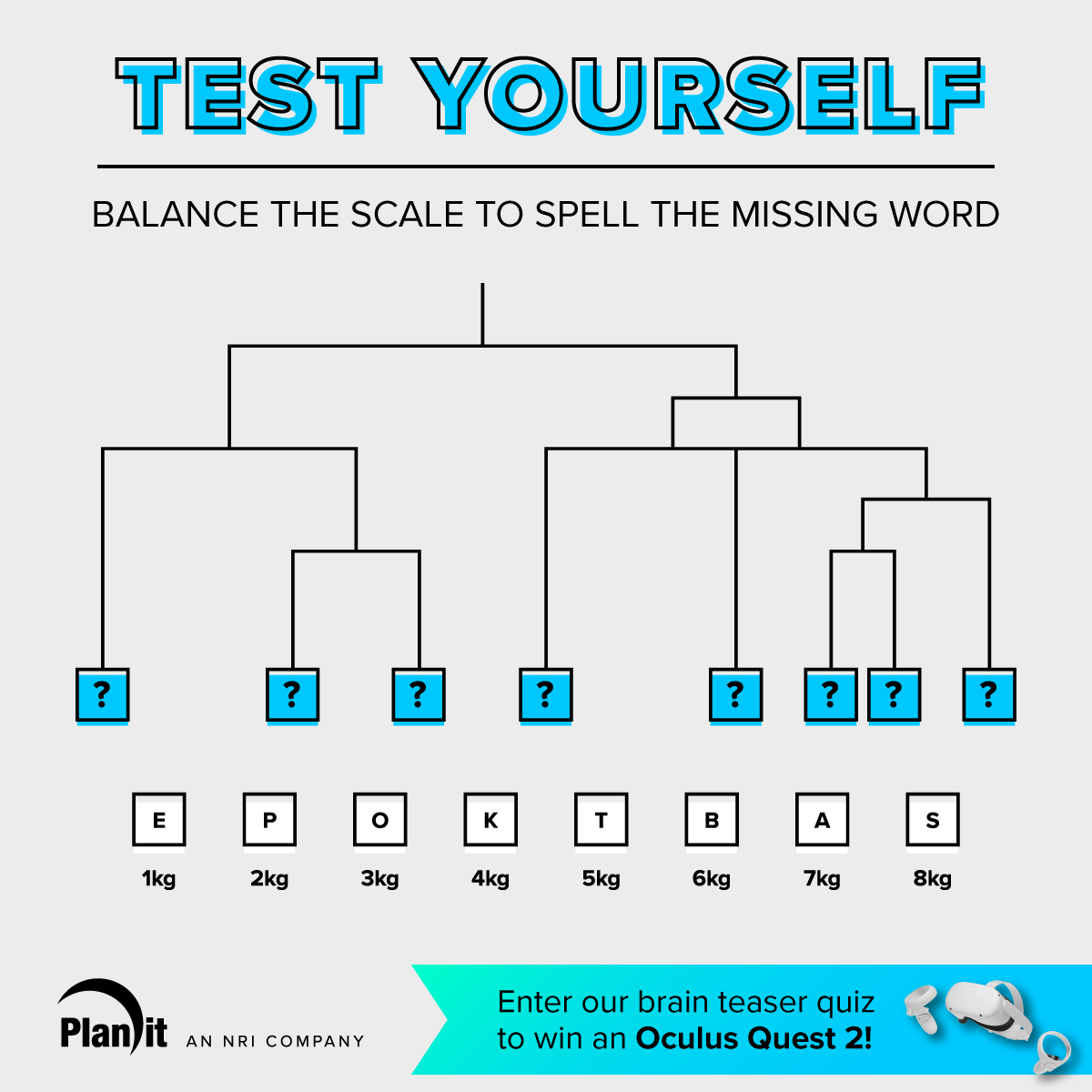 PlanitTesting's tweet photo. Are you able to solve this #TestYourselfComp puzzle? Comment with your answer!
Want use your puzzle solving skills to win an Oculus Quest 2? Simply visit our Test Yourself page and answer three more puzzles correctly to go into the prize draw: https://t.co/mzgTjdPhRE https://t.co/oj8nRbKH3Y
