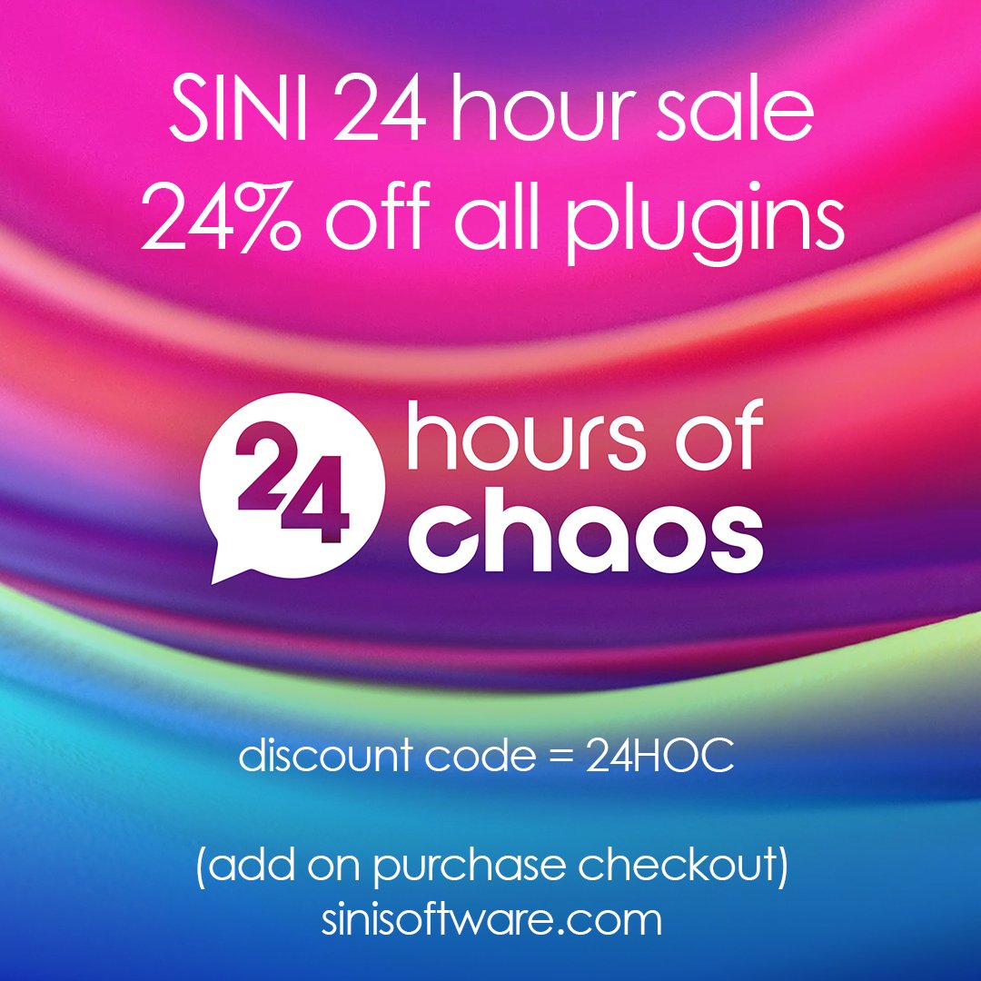 SiNi_Software's tweet image. 24 HOUR SINI SALE - NOW ON

Get 24% OFF all plugins during 24 Hours of Chaos!
sinisoftware.com/News/52/1/SiNi…

Plus, tune in now to the LIVE 24 hour event and win SiNi plugins, Chaos software and much more, during each show. 
chaosgroup.com/24-hours-chaos

#24hoursofchaos #sinisoftware