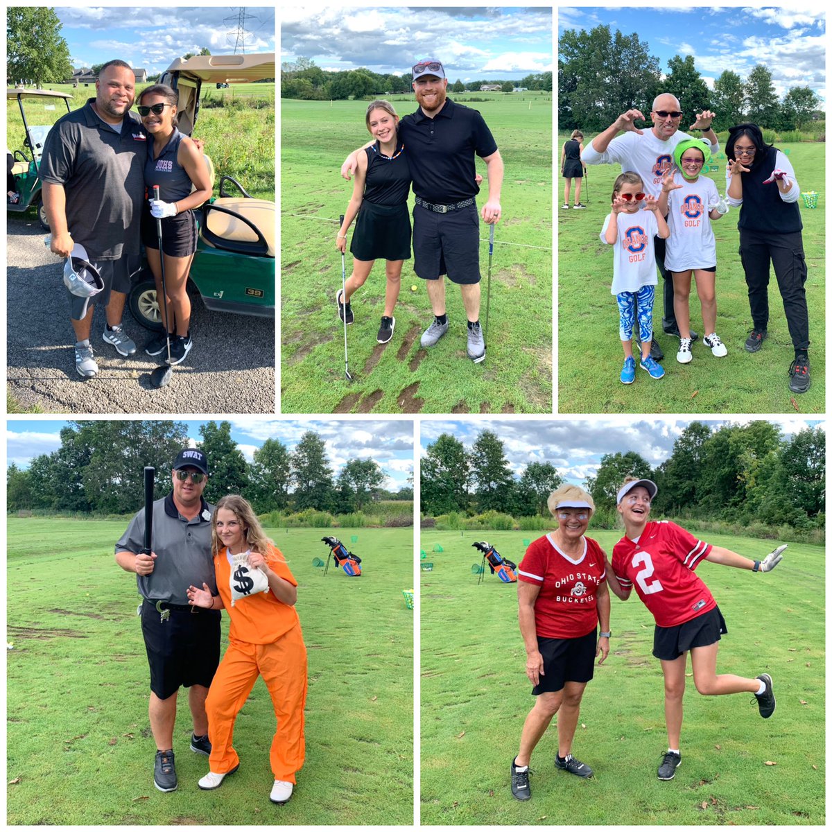 GolfOohs's tweet photo. Some matches are more more fun than others! Pick your partner: two man scramble and you have to dress alike. Solid showing by the freshman with their outfits! 🧡💙🧡💙 https://t.co/tYauyXvCet