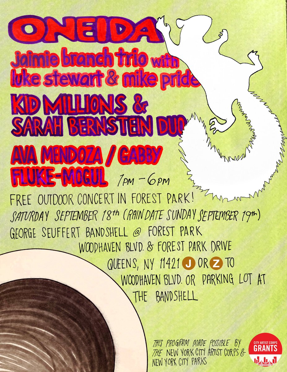 Sat Sept 18th at Forest Park Bandshell - free afternoon concert! <a href="/oneida_official/">Oneida</a>, my duo w Sarah Bernstein, <a href="/avaavamendoza/">Ava Mendoza</a> with Gabby Fluke-Mogel, and <a href="/jaimiebranch/">jaimie breezy branch</a> trio w <a href="/lukeostewart/">Luke Stewart</a> and <a href="/MikePrideMusic/">Mike Pride</a> - thanks to <a href="/nyfacurrent/">NYFA</a> (rain date Sun Sept 19)
