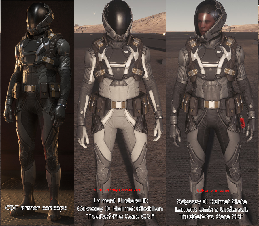 Here's the difference between the CDF suit, helmet, and armor concept versus in game CDF set versus the 2020 goodies pack. #StarCitizen <a href="/RobertsSpaceInd/">Star Citizen</a>