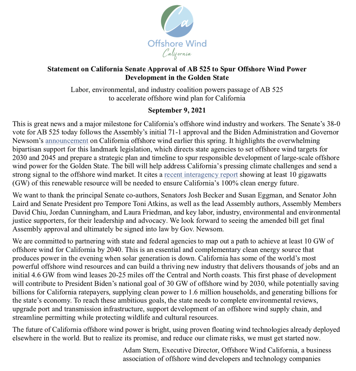 offshorewindca's tweet photo. Great news for CA #offshorewind—Statement @OffshoreWindCA on CA Senate passing #AB525 @DavidChiu by overwhelming bipartisan 38-0—@AkerWind @BP_America @EquinorWindUS @MainstreamRP @MagellanWind @OrstedUS @PacOceanTrust @PrinciplePower @Shell @SSERenewables https://t.co/dChVf2C94E https://t.co/mInDMeVrng