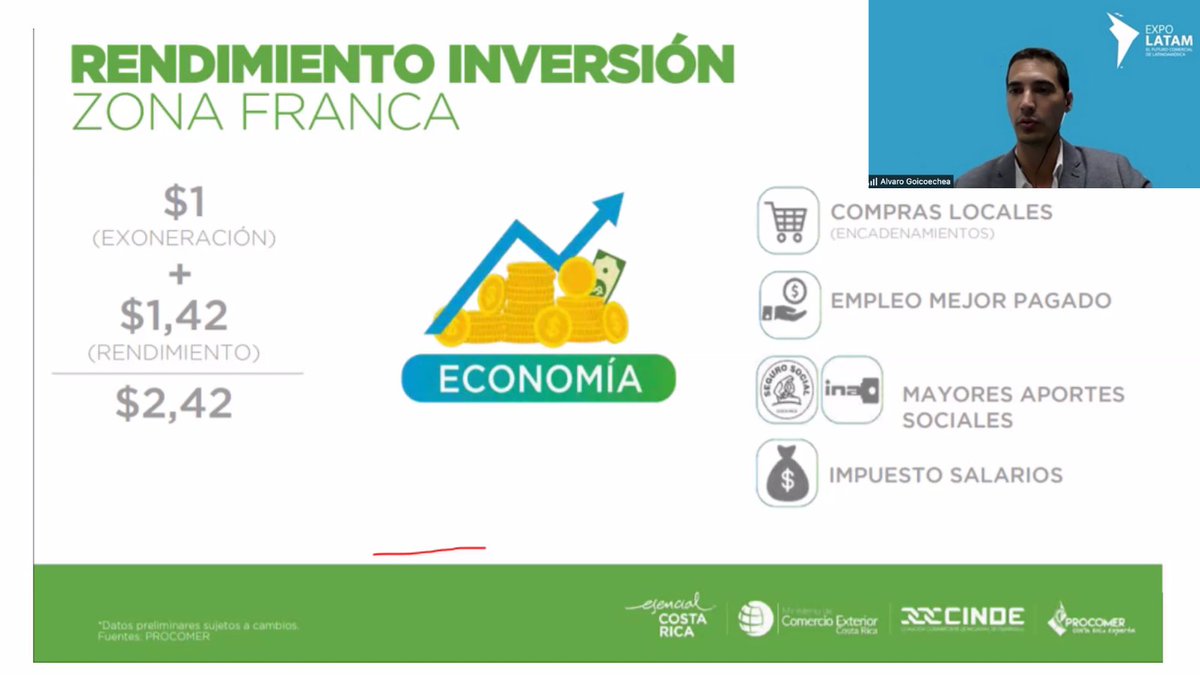 #ZonasFrancas en #CostaRica son incentivos y beneficios otorgados por el país a compañías que realizan inversiones y cumplen con requisitos y obligaciones locales. Por c/$1 de exoneración =v$2.42 en la economía. #ÁlvaroGoicoecheaQuirós, Gerente de Asesoría de Inversión #CINDE