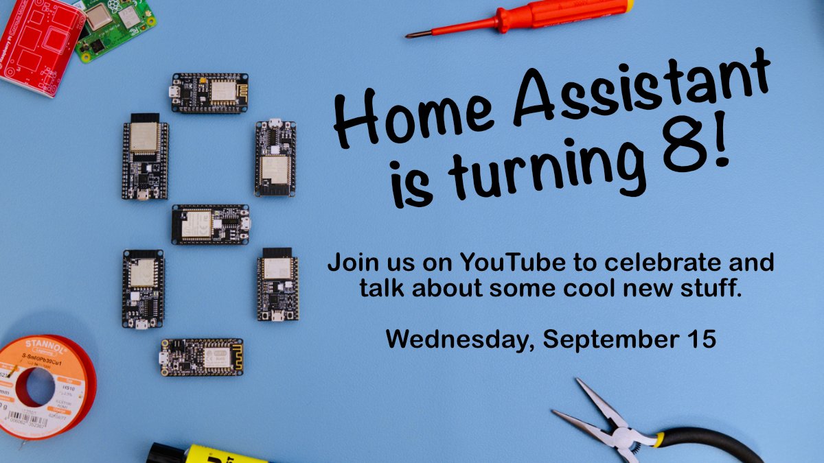 8 years ago Home Assistant was created and to celebrate we're announcing the … ha, not spilling the beans yet. Join us for the live stream to find out! 💛🤖⚡️

Going live Wednesday September 15 at noon PDT (same time as release parties)

youtube.com/watch?v=KPR-sh…