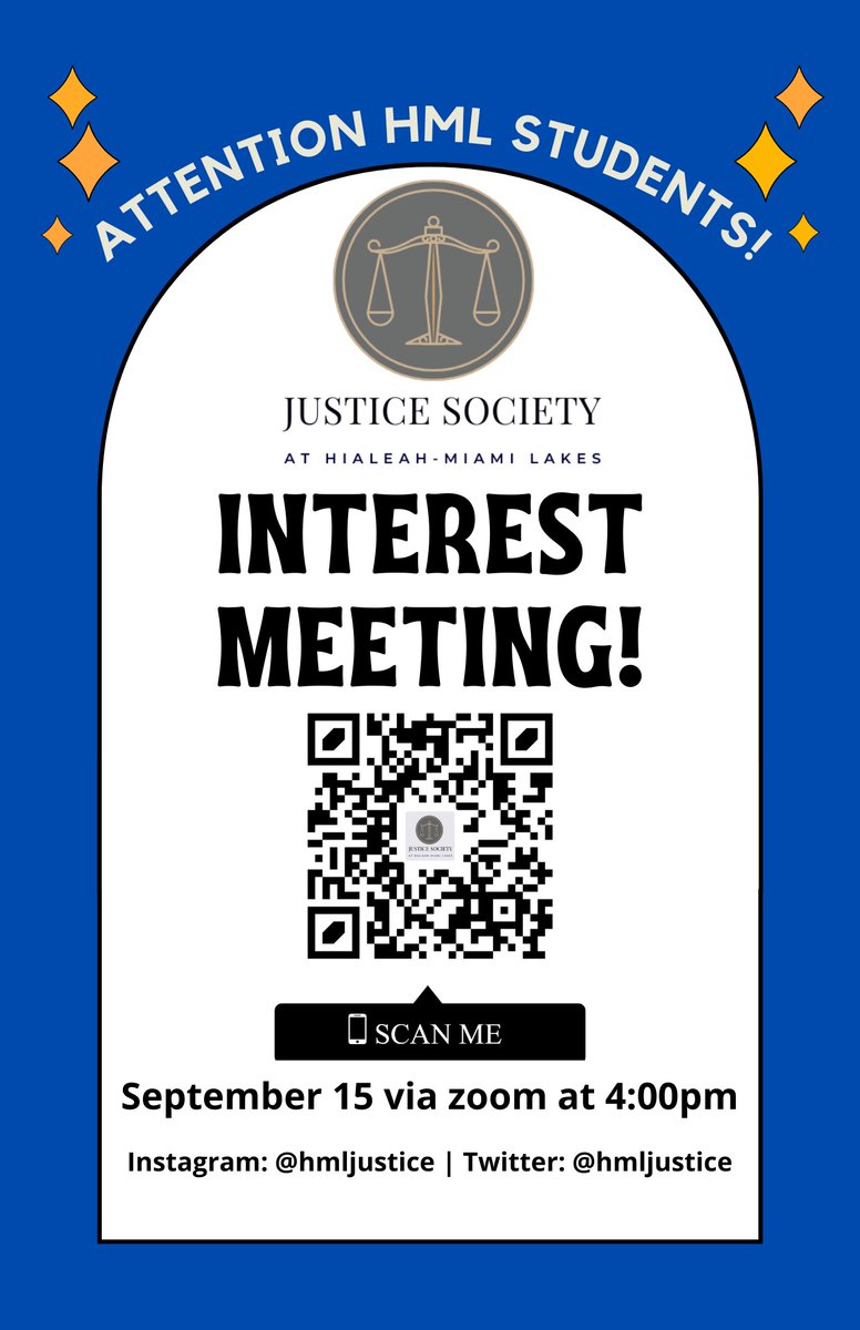 HMLJustice's tweet photo. Hello fellow Trojans! Are you interested in the justice system and learning more about your government? If so, then please join us for our 2021-2022 Justice Society interest meeting on SEPTEMBER 15th at 4pm via zoom! Use the QR code to sign up! Let's have a great year!
#WeAreHML https://t.co/AMkSKgYTNa
