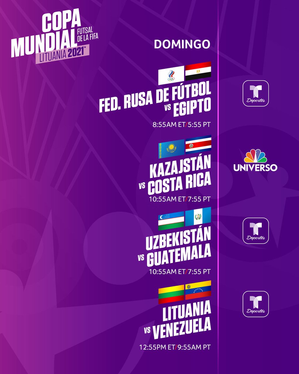 TelemundoSports's tweet photo. DOMINGO de #MundialdeFutSal 

⌚️ A partir de las 8:55am ET / 5:55 PT
📺 @NBCUniverso 
📱 APP Telemundo Deportes➡️ https://t.co/IAVYddFCpK

⚽️ Copa Mundial de Futsal de la FIFA Lituania 2021 https://t.co/kveUuZWGXy