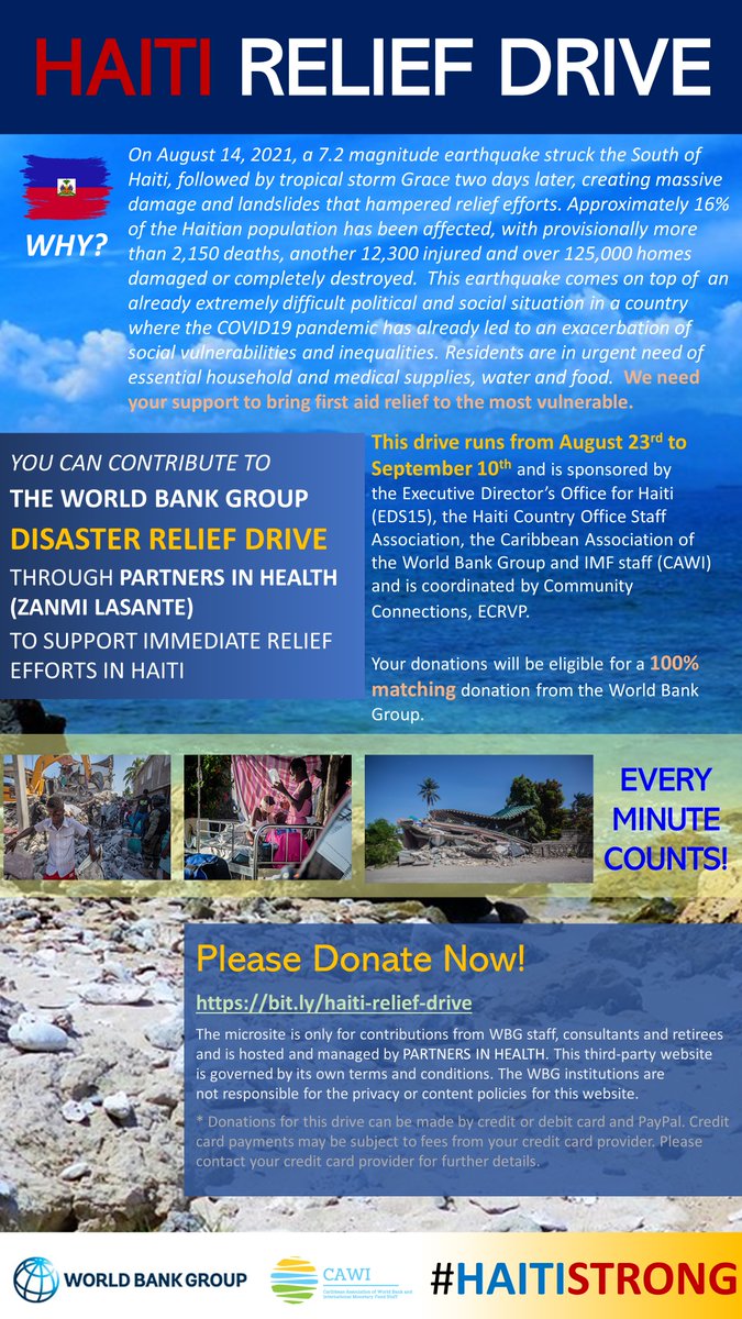 ⌛️Donate now! Tomorrow (Friday 10th) is the last day of the #Haiti Relief Drive.

100% matching donations by @WorldBank. Every dollar counts!

World Bank Group staff, consultants and retirees can donate here: bit.ly/haiti-relief-d…

#HaitiStrong #Fundraiser #DisasterRelief