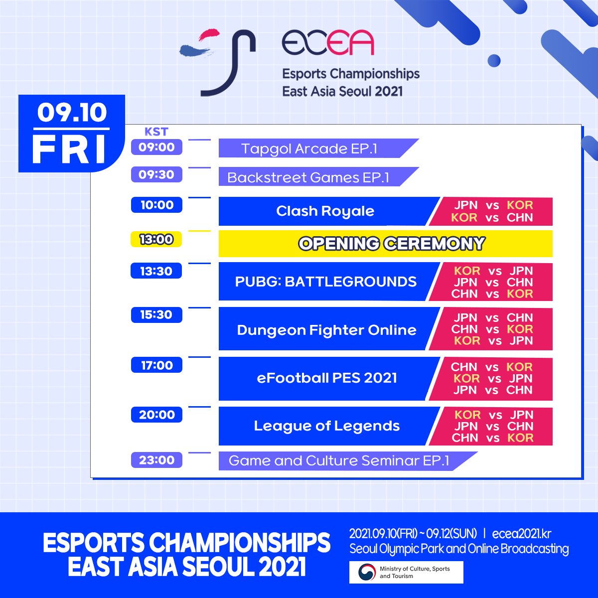 [Esports Championships East Asia 2021]

The first day of the live broadcast has begun!

📺 EN (Twitch) : twitch.tv/kespaen
📺 EN (YouTube) : youtube.com/kespa
📺 CN (Huya) : huya.com/660007
📺 JP (JeSF YouTube) : youtube.com/channel/UC1nod…