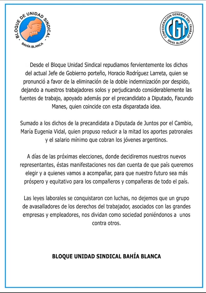 Repudio total a los intentos de quitarle derechos a las y los trabajadores <a href="/UnidadBloque/">Bloque De Unidad Sindical</a>
