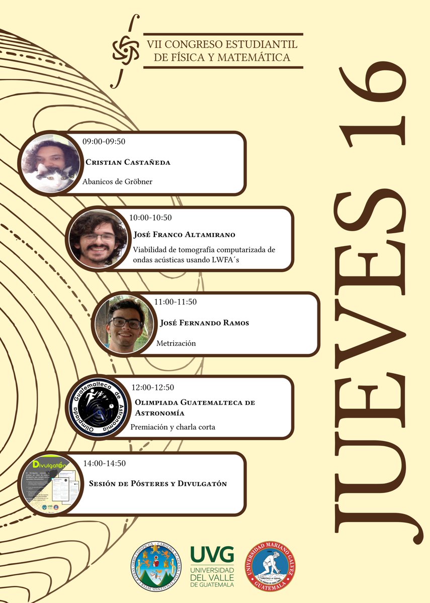 ¡Les presentamos a los conferencistas del jueves 16 de septiembre!

⚛️ Cristian Castañeda
⚛️ José Franco
⚛️ José Ramos

Además, tendremos la premiación de la Olimpiada Guatemalteca de Astronomía. Por último, tendremos la sesión de pósteres y Divulgatón. 

#MateFisiCon ⚡️