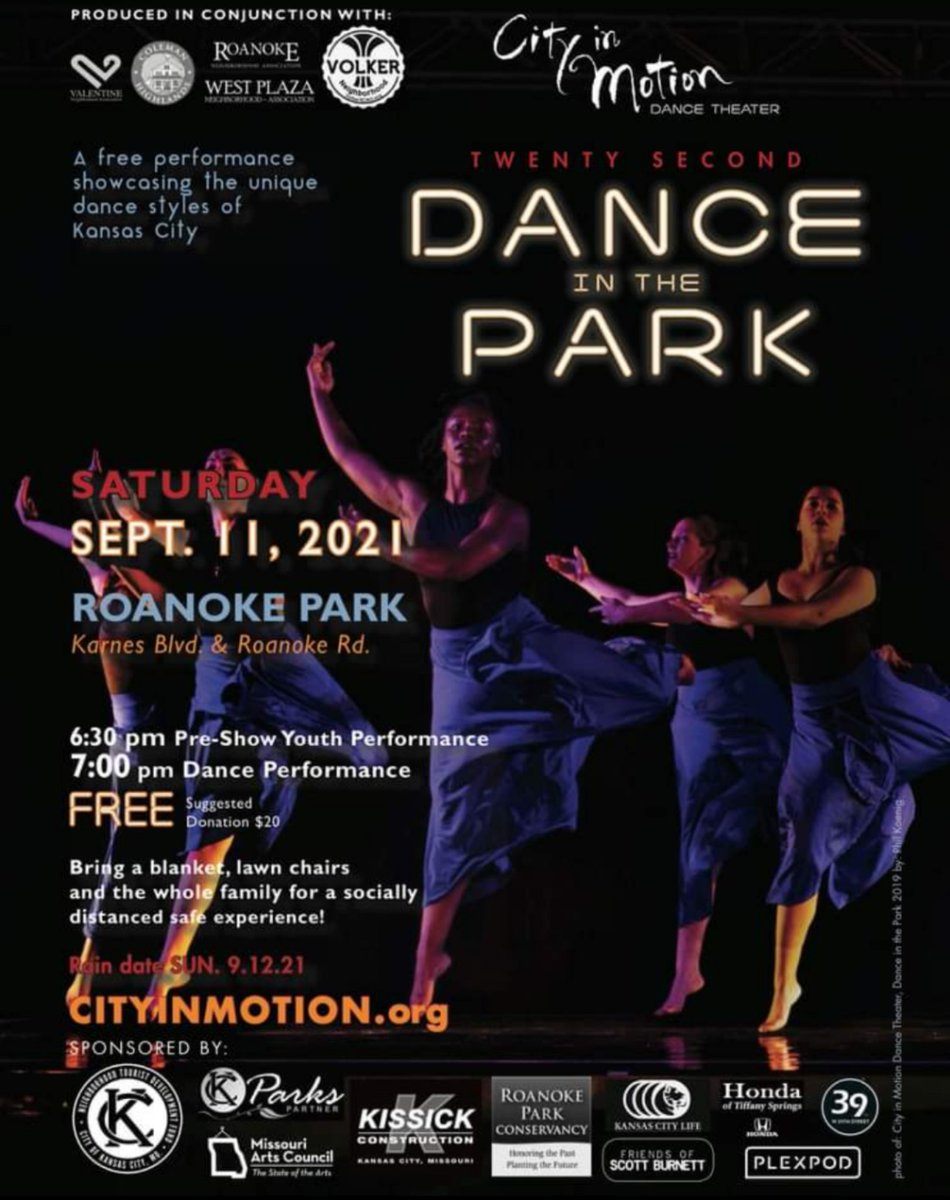 Hope you are ready! The 22nd annual Dance in the Park, Saturday, 11th of Sept. 6:30-9:30 PM
#roanoke #w39thkc #roanokepark #parksandrec #danceinthepark2021 #kansascity #cityinmotion #danceperformances