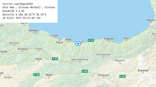 Güre Mah., Giresun Merkez , Giresun
büyüklük 2.4 ML (10 dk önce)
derinlik 9.5km 40.92°N 38.33°E
10 Eylül 2021 03:51:40 +03
#deprem