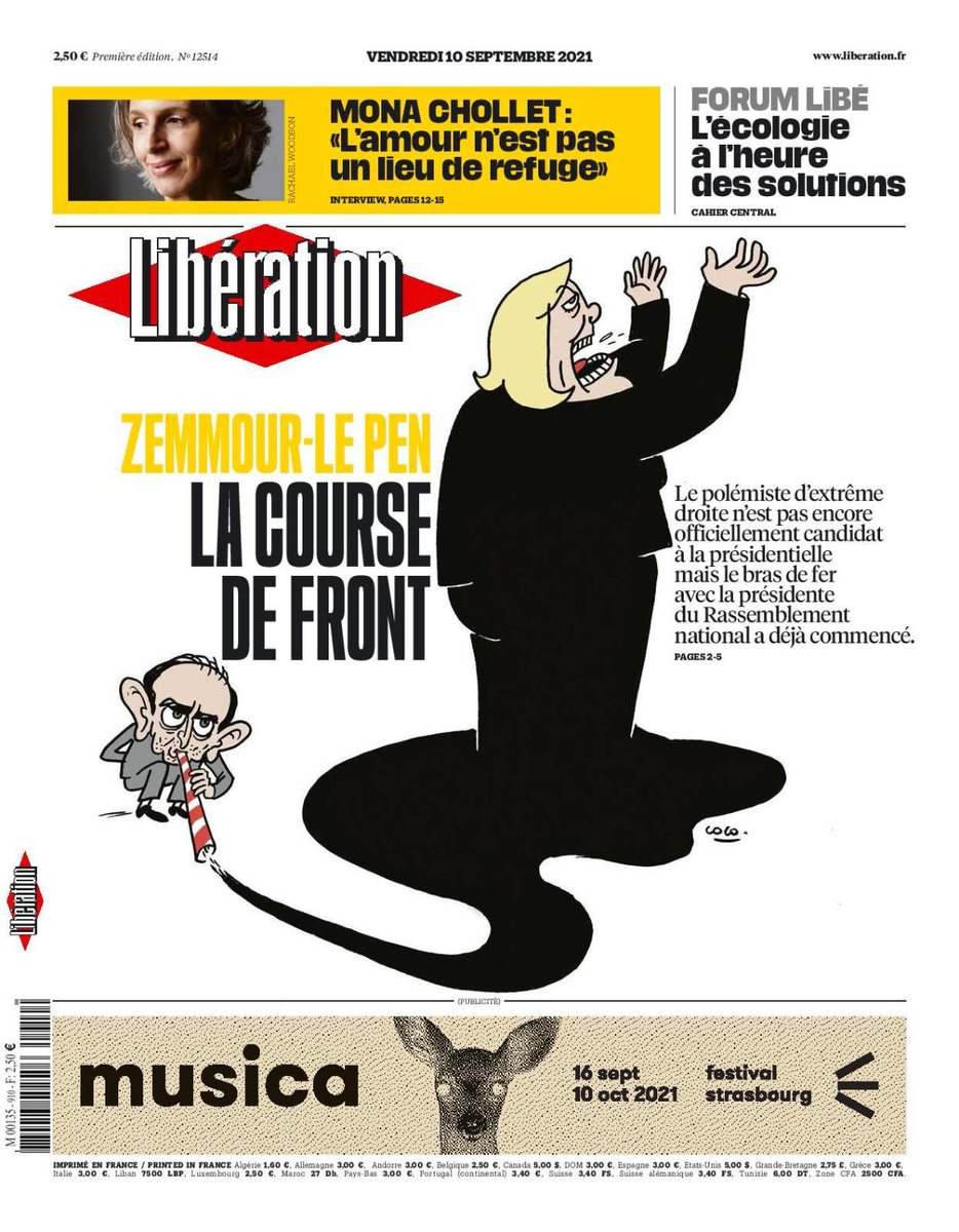 citizen62100's tweet image. La une de #Libération du vendredi 10 septembre 2021 ⬇ 
#MonaCholet 
#ForumLibé
#Ecologie 
#ZemmourEric 
#MarineLePen