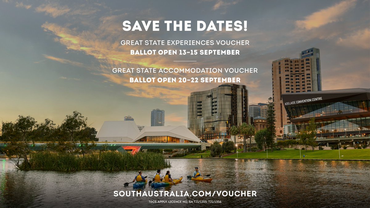 Save the dates! The next two Mondays is your chance to secure a #GreatStateVoucher. Over 90,000 vouchers will be up for grabs in two separate ballots to unlock rounds five &amp; six – boosting bookings for tours, experiences &amp; accommodation in #SouthAustralia. southaustralia.com/voucher