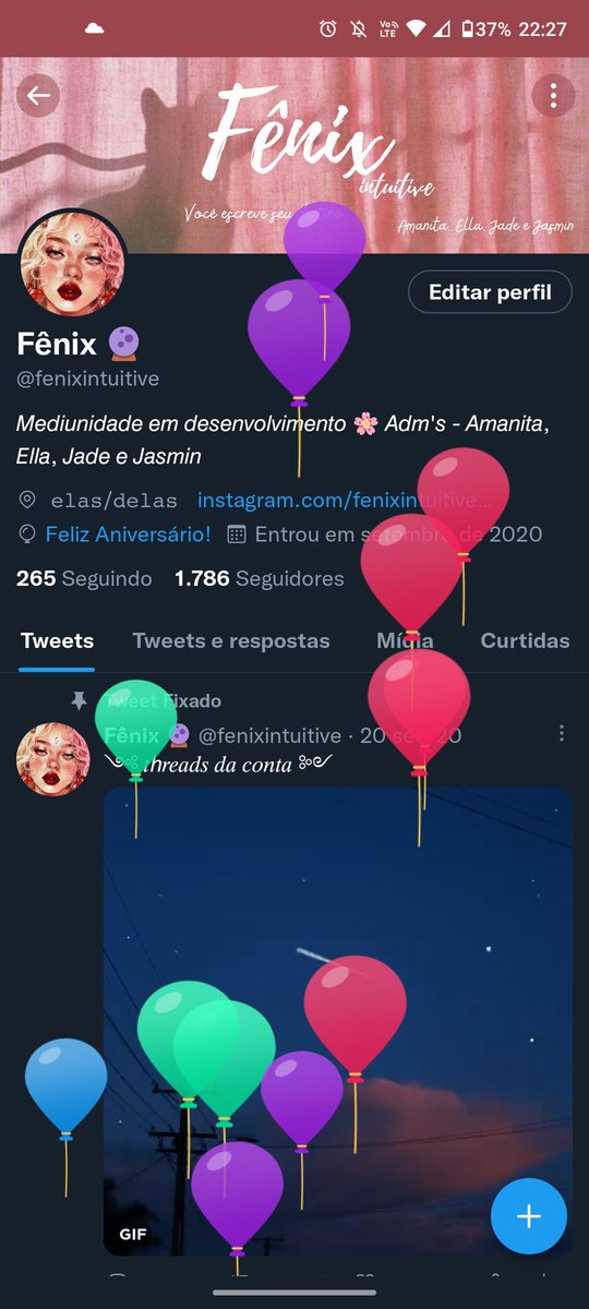 fenixintuitive's tweet photo. Bom, hoje fazemos 1 anos de fênix... e tanta coisa mudou, eu só tenho a agradecer vocês que estão conosco e claro as meninas Amanita,Ella e Jasmim, obrigada por entrarem nesse sonho comigo ❤️
Ps: entrem no nosso perfil para ver o balãozinho subir 
-Jade https://t.co/RYDlp65OcL