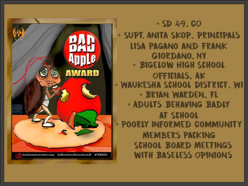 This month's Bad Apples: there's a whole bushel full! Read about their rotten deeds here: facebook.com/BadassTeachers… #TBATs <a href="/MontanaBATs/">Montana</a> <a href="/WyomingBATs/">WyomingBATs</a> <a href="/IdahoBATs/">IdahoBATs</a> <a href="/Nodakbats/">NoDakBats</a> <a href="/SoDakotaBATs/">SouthDakotaBATs</a> <a href="/UtahBATs/">UtahBATs</a> <a href="/NebraskaBATs/">NebraskaBATs</a> <a href="/kansasbats/">Kansas BATs</a>