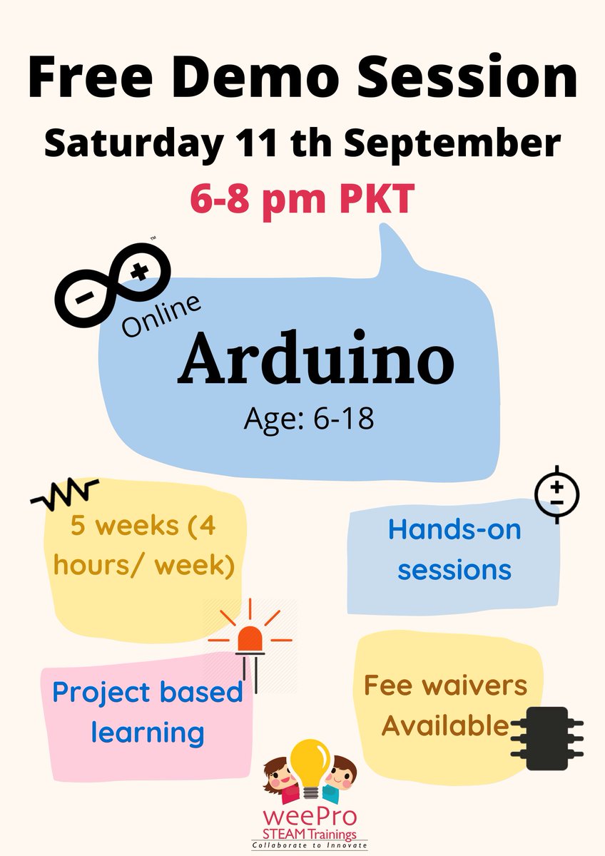coding_weepro's tweet image. Free Demo Session for our Arduino camp tomorrow from 6-8 pm. Camp to start from next week. 
Register now: 
bit.ly/3DoeAsS

#girlswhocode #coding #codingpython #developgames #womenwhocode #girlsinstem #onlinecamp #bootcamp #arduinocamp #arduinocoding