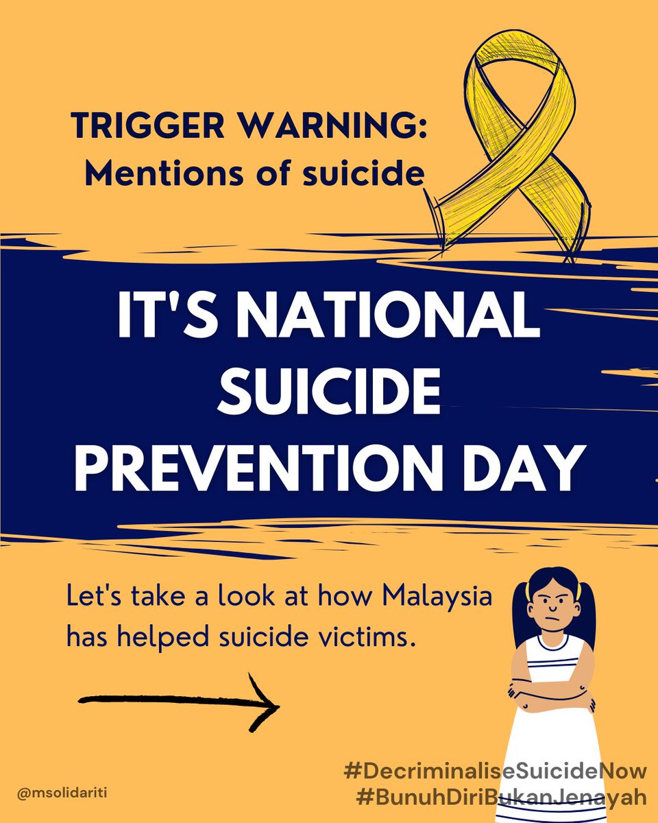TW // MENTIONS OF SUICIDE 

It's #NationalSuicidePreventionDay .
What exactly can we expect from Malaysia to prevent suicide if we still enforce a dehumanising law that does anything BUT prevent suicide?