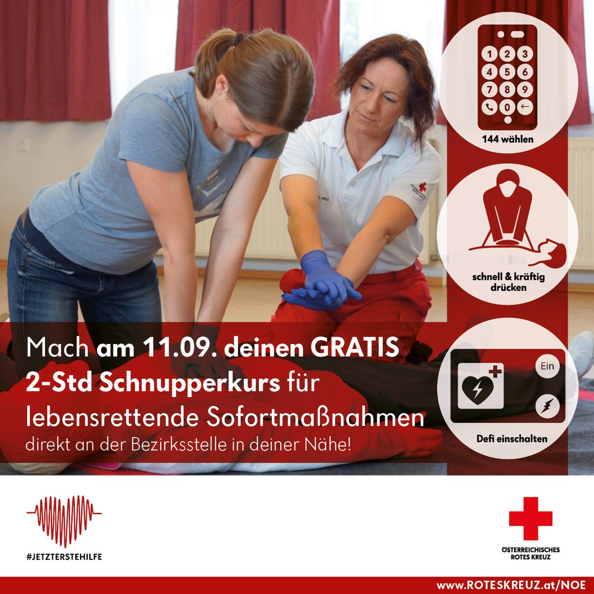 Du willst wieder Erste-Hilfe fit werden? Dann komm MORGEN am 11.09. zu einem GRATIS Schnupperkurs zu uns! #jetzterstehilfe
Alle Infos dazu findest du unter: roteskreuz.at/noe