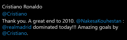 vinayroffl's tweet photo. @BMU_03 @Cristiano @realmadrid Yes. No Way.🙂
Cuz he probably missed a ':' when quoting this tweet: https://t.co/scJC7ekGqH
@NakesaKouhestan has changed her username to @NakesaKou
If he had not missed this ':' thing, the content of the tweet would look like this : https://t.co/sVLm7GxEOo