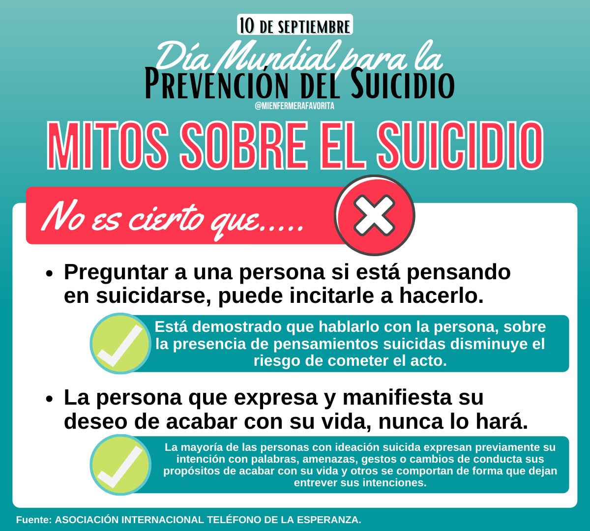 mienfermerafavo's tweet photo. Cada año se suicidan casi un millón de personas, 800.000  según la OMS. Por cada persona adulta que decide quitarse la vida, posiblemente más de otras 20 lo han intentado, y cada suicidio afecta íntimamente al menos a otras seis personas. https://t.co/vunz56IzRC