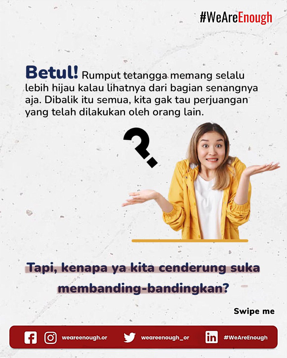 weareenough_or's tweet photo. Jangan biasakan membanding-bandingkan ya guys! Kita gatau kan masalah yg dialami tiap-tiap orang itu pasti berbeda. Yuk apabila kita tidak bisa jadi pendengar yang baik, setidaknya jangan jadi pengucap hal yg buruk ✨

#WeAreEnough #EducationTime https://t.co/KEIiEeQNHX