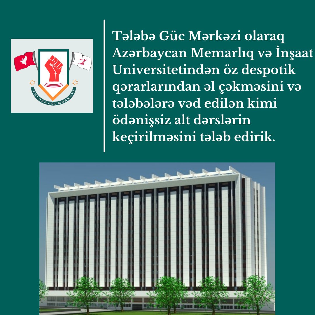 guc_tv's tweet photo. Azərbaycan Memarlıq və İnşaat Universitetindən öz despotik qərarlarından əl çəkməsini və tələbələrə vəd edilən kimi ödənişsiz alt dərslərin keçirilməsini tələb edirik!

TGM-in Azərbaycan Memarlıq və İnşaat Universitetinə müraciəti:
https://t.co/vlp9whEdGS

#GÜCTV https://t.co/i5SEiF9cuN