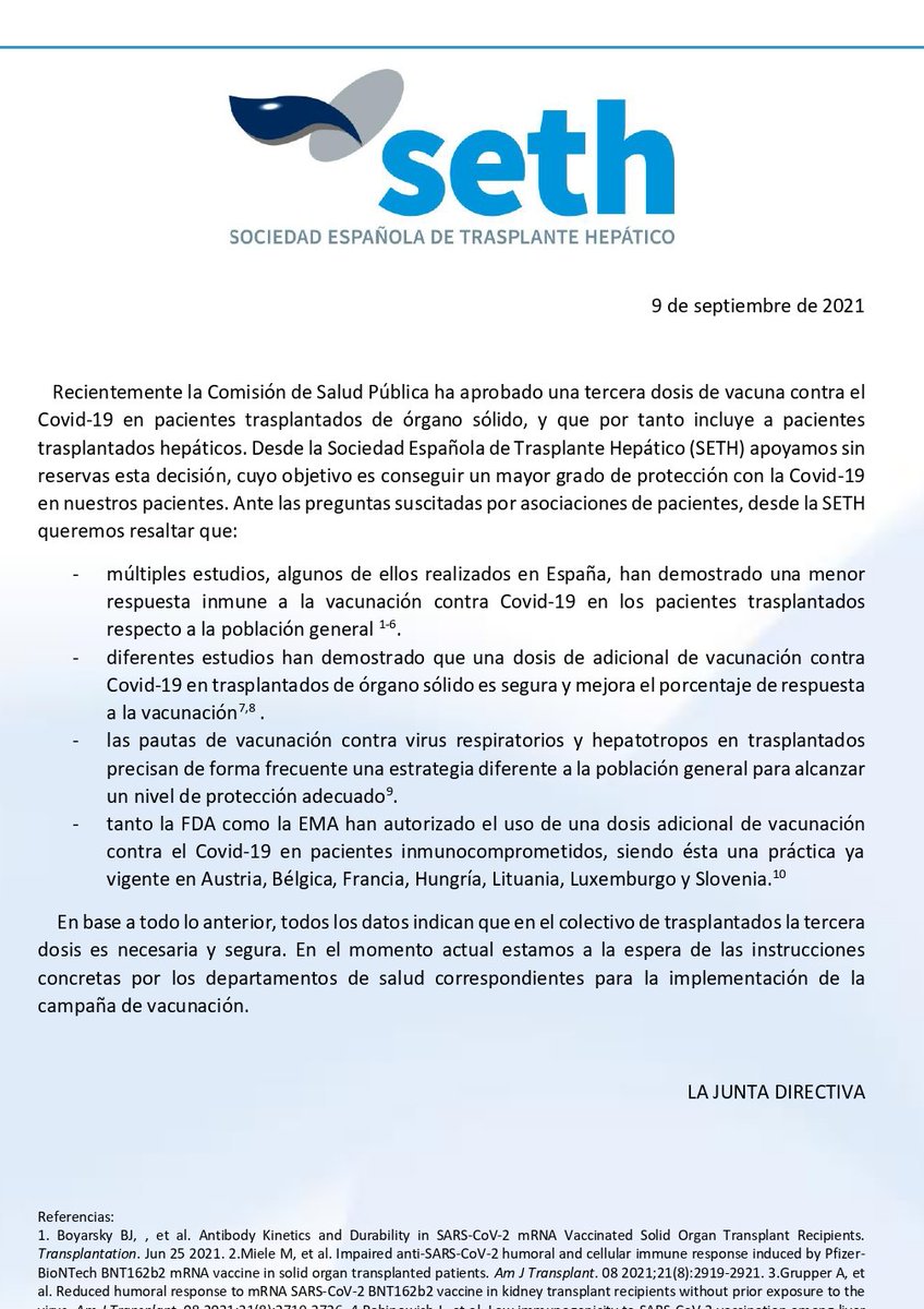 ⏩ Compartimos con vosotros el posicionamiento de la <a href="/SETHepatico/">SETH</a> respecto al anuncio de tercera dosis para pacientes trasplantados.

Para descargar el documento, pincha aquí 👇
drive.google.com/file/d/17KBbCu…