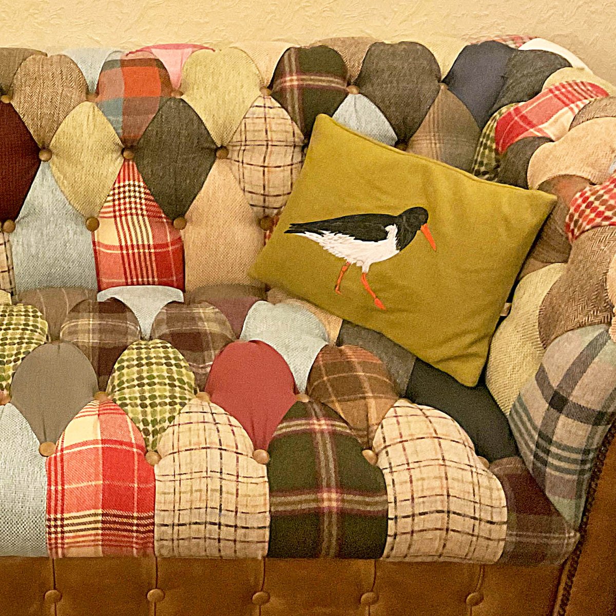 This customer's sofa is amazing! She commissioned me to make an oyster catcher cushion to sit on her patchwork Harris Tweed sofa - he has found the perfect nesting place! #EarlyBiz ow.ly/SgVZ50G7und