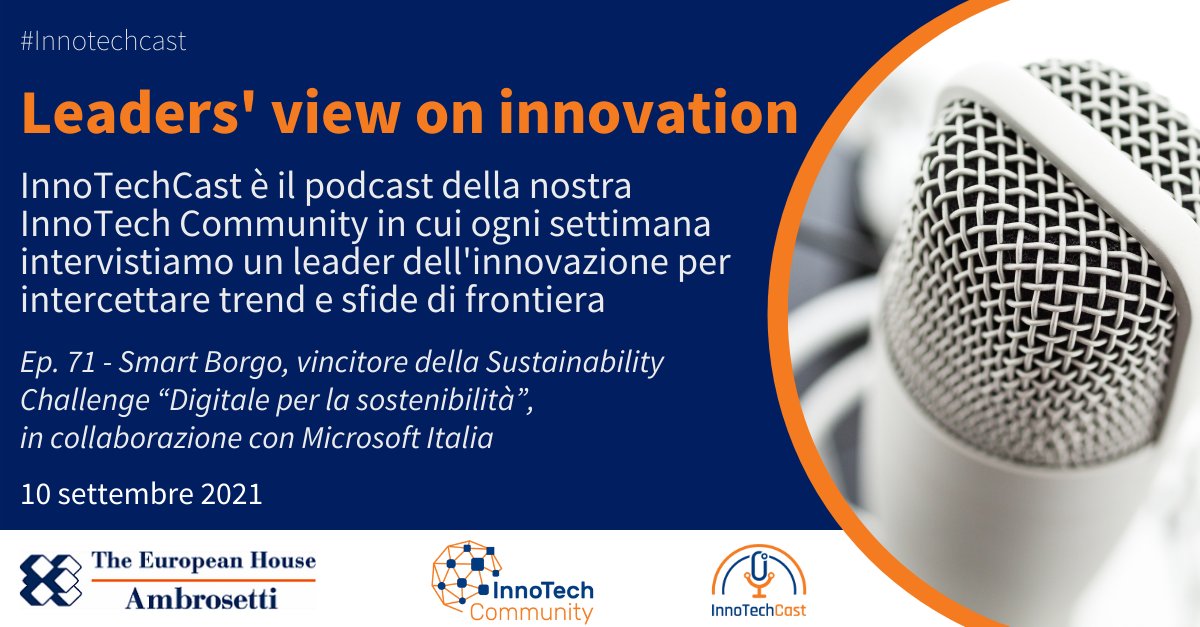 Ambrosetti_'s tweet image. 🎙️ #InnoTechCast: parliamo con il team vincitore della #SustainabilityChallenge “Digitale per la sostenibilità” lanciata con @microsoftitalia: Smart Borgo, modello di #smartworking che rilancia la dinamicità dei piccoli borghi della nostra penisola 
spreaker.com/user/12334843/…