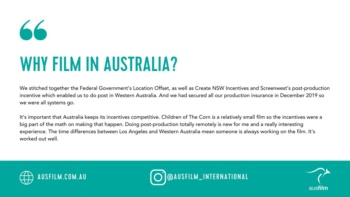 ausfilm's tweet photo. PART 1: Take 60 seconds and get to know… Producer on the NSW-shot Children of the Corn, Lucas Foster!
#MAKEITINAUSTRALIA #VFXITINAUSTRALIA #POSTITINAUSTRALIA #childrenofthecorn #stephenking #lucasfoster https://t.co/AtzDJJSeoV