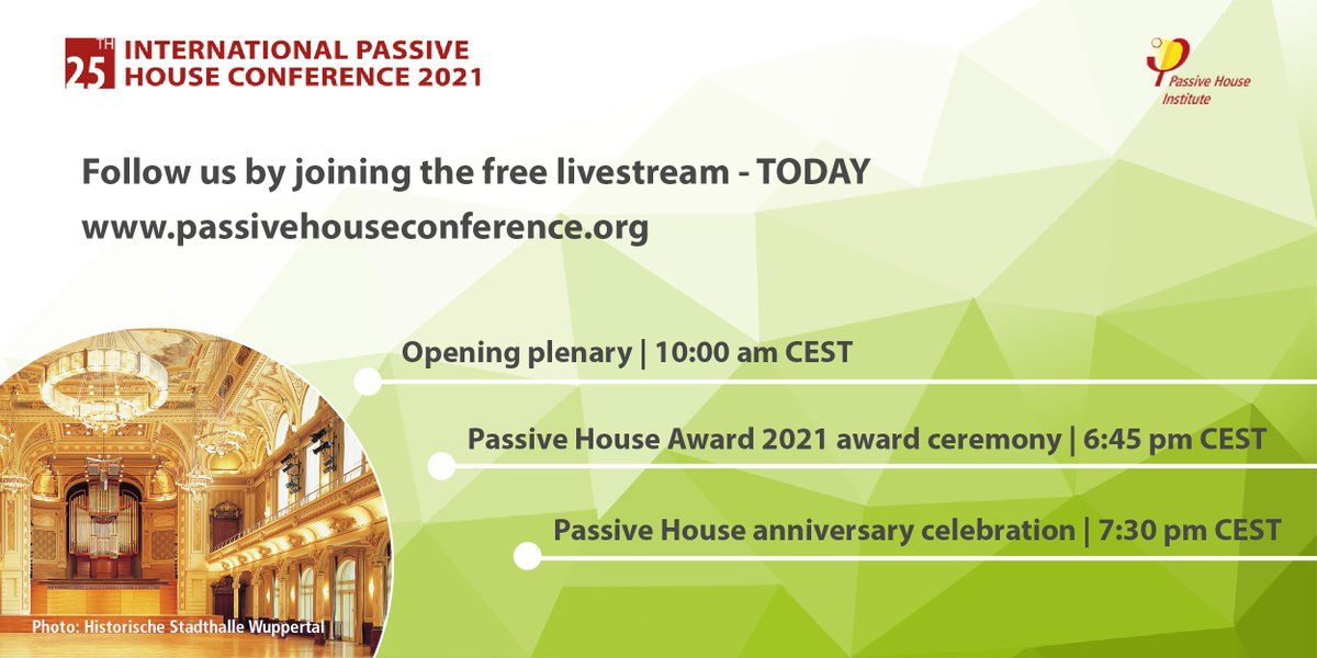 Ready, steady... go! In one hour, at 10am CEST, the opening plenary of the #25intPHC will take place online with live stream from the studio in Wuppertal, Germany. Did you have a look at the presenters already? For more information visit: passivhaustagung.de/en/programme/p…