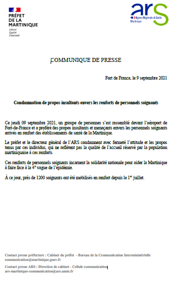 Prefet972's tweet photo. Le préfet et le directeur général de l’ARS condamnent avec fermeté les propos insultants et menaçants envers les personnels soignants arrivés ce jeudi 9 septembre 2021, en renfort des établissements de santé de la Martinique. https://t.co/JX23EWzq7D